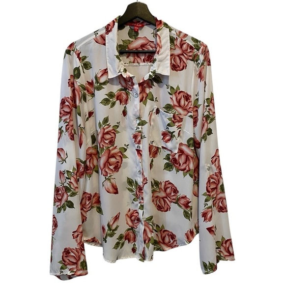 Guess XL Floral Rose Print 3/4 Sleeve Collared Blouse - Picture 1 of 17